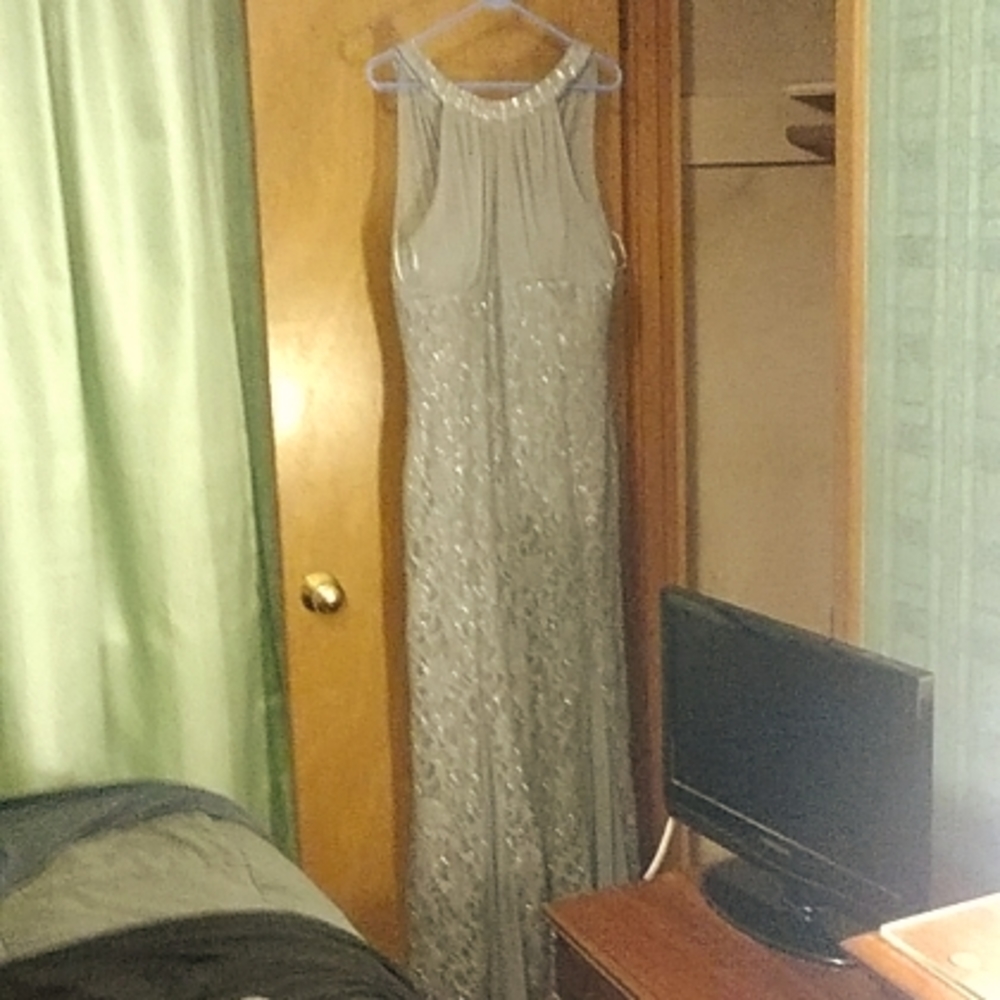 14 petite silver beaded sequined laced sheer up top built in bra, floor length